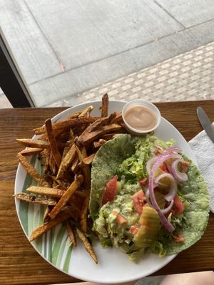 Gluten free falafel sandwich with garlic salted fries   at AltaVita Restaurant in Idaho Falls