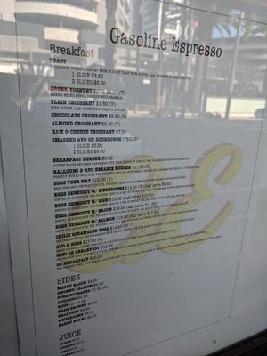 Breakfast menu - avocado on sourdough (vegan) at Gasoline Espresso in Fortitude Valley