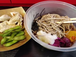 Gyoza Soba $11.90
(Gyoza oven-baked,
edamame soy beans & WARM soba
noodles with kombu dip sauce). Without the butter broccoli at Soji in Central Singapore