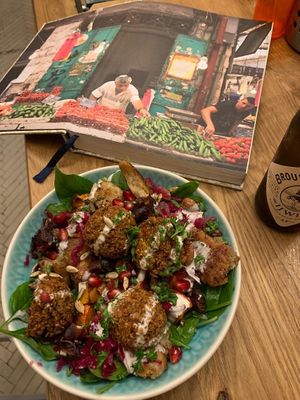 Pumpkin-roasted almond-falafel salad (vegan)  at Sababa - Oud West in Amsterdam