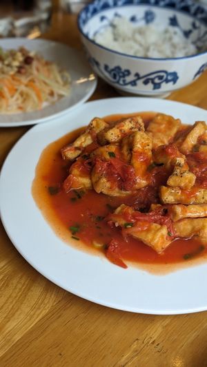 Fried Tofu with Tomato Sauce at Buddha Belly in Ninh Binh
