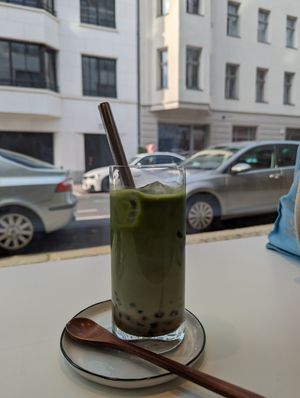 Iced matcha latte with adzuki at Soi & Co in Berlin