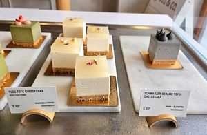 Yuzu tofu cheesecake and black sesame cheesecake at Soi & Co in Berlin