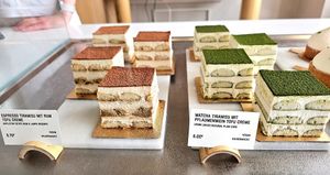 Espresso tiramisu. Matcha tiramisu with plum wine tofu creme at Soi & Co in Berlin