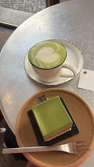 Pistachio matcha tofu cheesecake and matcha cappuccino   at Soi & Co in Berlin