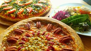Delicious vegan pizza at Tehuti Cafe in Kingston