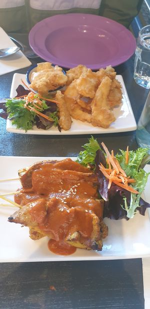 Chicken satay sticks and prawns at Madame K's Vegan- CBD in Melbourne
