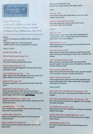 menu at Madame K's Vegan- CBD in Melbourne