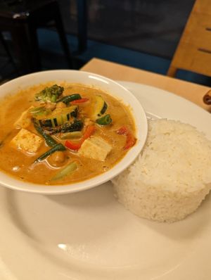 Tofu Penang with jasmine rice. at Madame K's Vegan- CBD in Melbourne