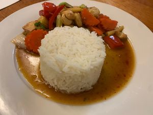 Cashew and tofu stir-fry with rice. Very good    at Madame K's Vegan- CBD in Melbourne