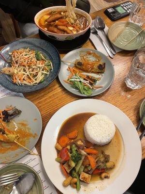 “Prawn” noodle soup and tofu cashew stir fry   at Madame K's Vegan- CBD in Melbourne