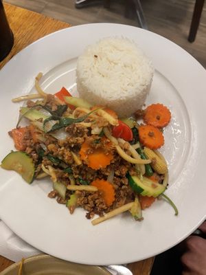 Minced “pork” stir fry  at Madame K's Vegan- CBD in Melbourne