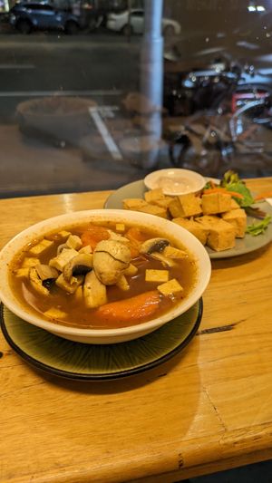 Tofu Tom Yum Soup & Japanese Spice Tofu at Madame K's Vegan- CBD in Melbourne