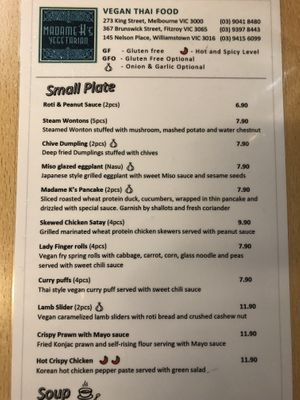 Menu 1 - 18Feb20 at Madame K's Vegan- CBD in Melbourne