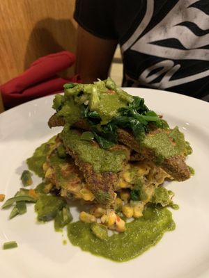 Pistachio and coconut crusted tofu and corn cake  at Red Lentil in Watertown