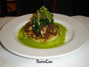 Pistachio and Herb Encrusted Tofu with Corn Cakes at Red Lentil in Watertown