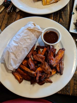 Mm burger roll up and sweet potato fries at Red Lentil in Watertown