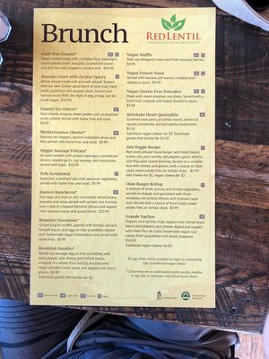Brunch menu at Red Lentil in Watertown