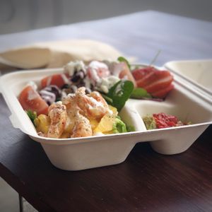 Root “shrimp” plate with fresh mango and a side of aioli.   at The Cardinal Herbs Teas and Spices in Honokaa