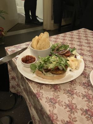 Burger (also came with top bit of bun!)  at Leila's Kitchen in Hebden Bridge