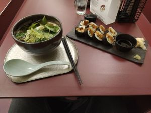 Coconut ramen and shiitake&avocado maki (sushi) at Tokumaru in Tartu