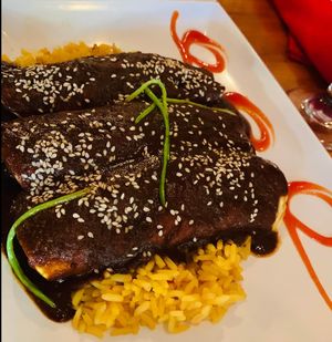 Vegan Plantain Enmoladas with mole sauce at De La Vega in Deland