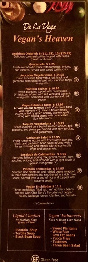 Vegan Menu at De La Vega in Deland