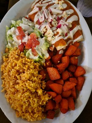 Las Enchiladas with (amazing) potatoes and Spanish rice at Cascabel in Houston