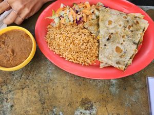 Quesadilla poblana with a side of refried beans. Delicious! at Cascabel in Houston