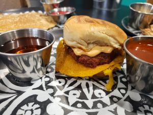 Vegan breakfast sandwich (sausage, egg, and cheese), with agave. #Veganuary at Cascabel in Houston