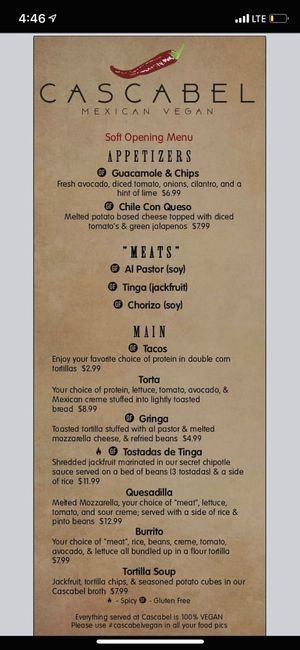 Soft opening menu at Cascabel in Houston