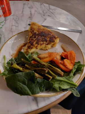 Tortilla de papa con calçotes. Increíble at The Vegan Corner in Barcelona