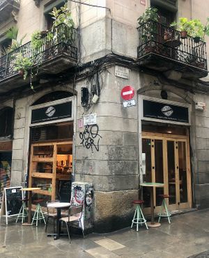 Outdoor seating, even on a rainy day.  at The Vegan Corner in Barcelona