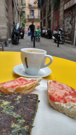 Spinach tortilla came with bread with tomato at The Vegan Corner in Barcelona