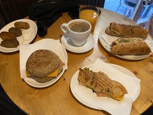 Filled croissant and sandwiches with yummy vegetables and sauces. Mushroom and soya croquettes.  at The Vegan Corner in Barcelona