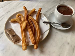 Churros and vegan xhoclatte  at The Vegan Corner in Barcelona