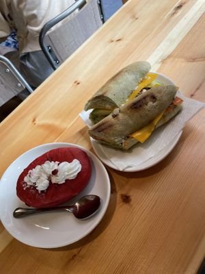 Red velvet cake and sandwich (with vegan cheese)  at The Vegan Corner in Barcelona
