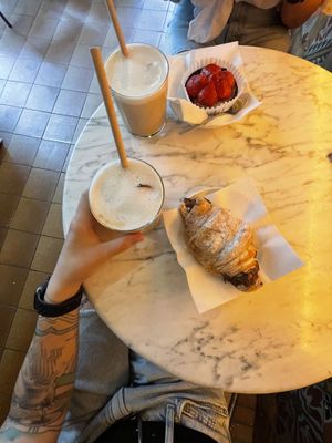 Chocolate croissant, strawberry cake and iced latte  at The Vegan Corner in Barcelona