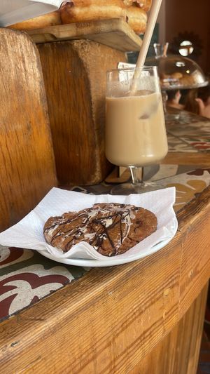 Cookie and iced latte  at The Vegan Corner in Barcelona