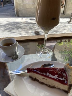 iced latte + cheesecake  at The Vegan Corner in Barcelona