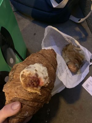 left- cheesecake filled croissant, right- crema catalana filled croissant (bad photo but just trust they were glorious)   at The Vegan Corner in Barcelona