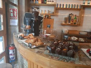 Baked goods and coffee at The Vegan Corner in Barcelona