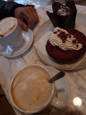 Best Breakfast ever! Soy cappuccino, Berlina and Muffin! at The Vegan Corner in Barcelona