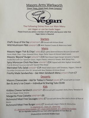 Current Vegan Menu  at The Masons Arms in Warkworth