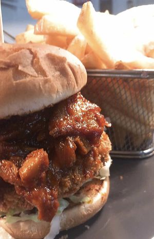 Crispy Jackfruit Burger, Topped with BBQ Pulled ‘Oumph'  at The Masons Arms in Warkworth