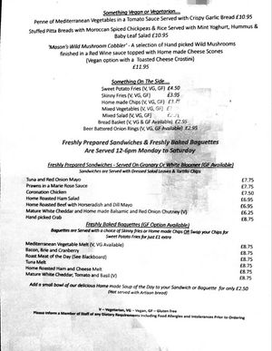 Menu at The Masons Arms in Warkworth