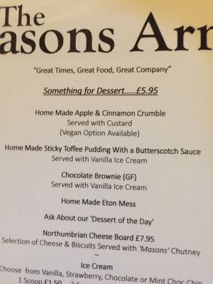 Vegan pudding option  at The Masons Arms in Warkworth