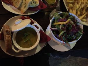 Vegan soup of the day and side salad at The Masons Arms in Warkworth