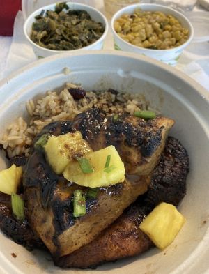 Vegan jerk chicken, rice and peas, greens, corn   at Soul Bowl in Minneapolis