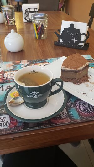 Vegan tiramisu and tea at La Clase Café in Santiago